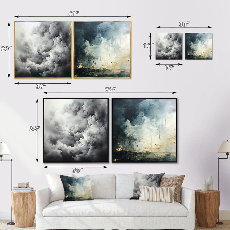 Minimalisme gris ciel tempête - Strom carré ensemble de 2 collages, Cadre flottant noir, H 36 po x l 73 po