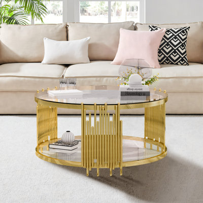 Table basse ronde à 2 niveaux en verre trempé transparent l 35,4 po x H 17,7 po Dzadur