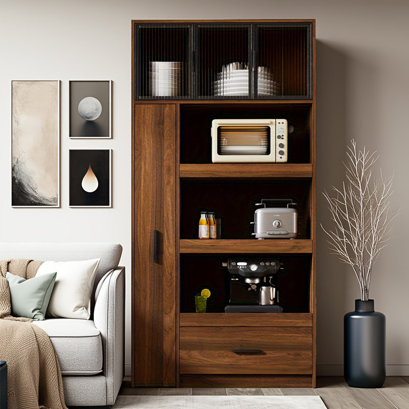 Armoire de cuisine 70,87 "multifonctionnelle avec tablette coulissante, porte en verre et tiroir en aluminium - Huche de rangement autoportante avec four à micro-ondes pour la cuisine, la salle à manger ou le bar