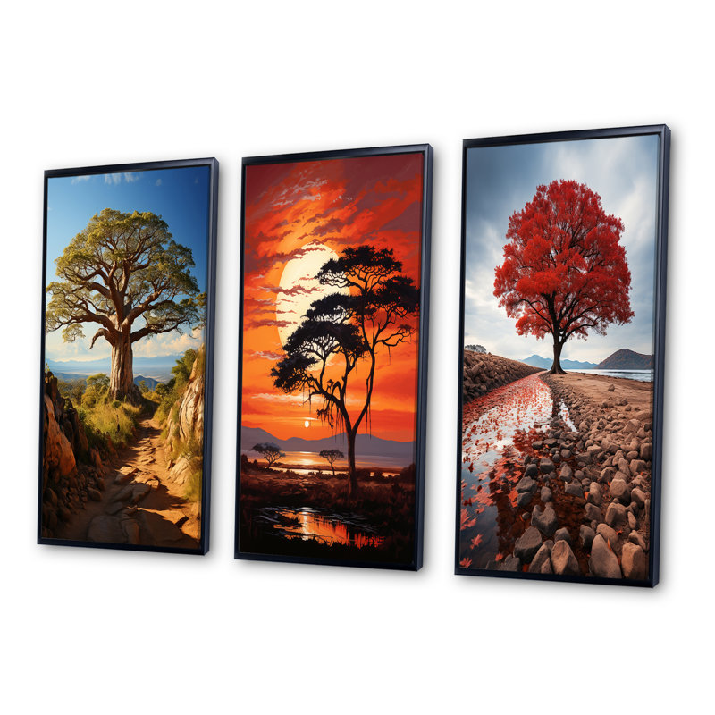 «Baobab Tree Serenade», 3 pièces sur toile, Encadrement doré, H 32 po x l 48 po