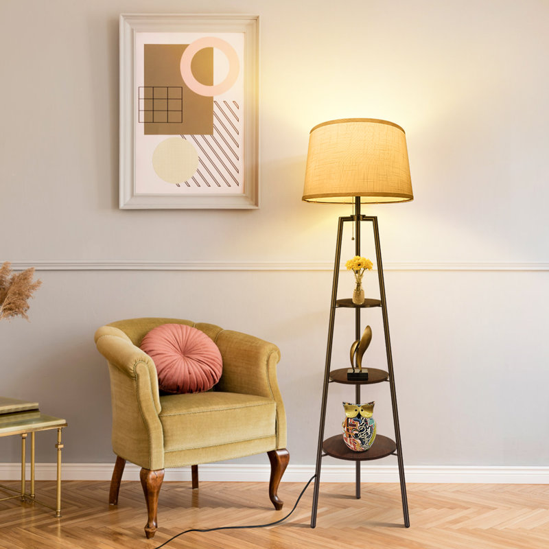 Grealish 60.7" LED Dimmable Tripod Floor Lamp with Shelves,Modern Shelf Floor Lamp with 3 Color Temperature