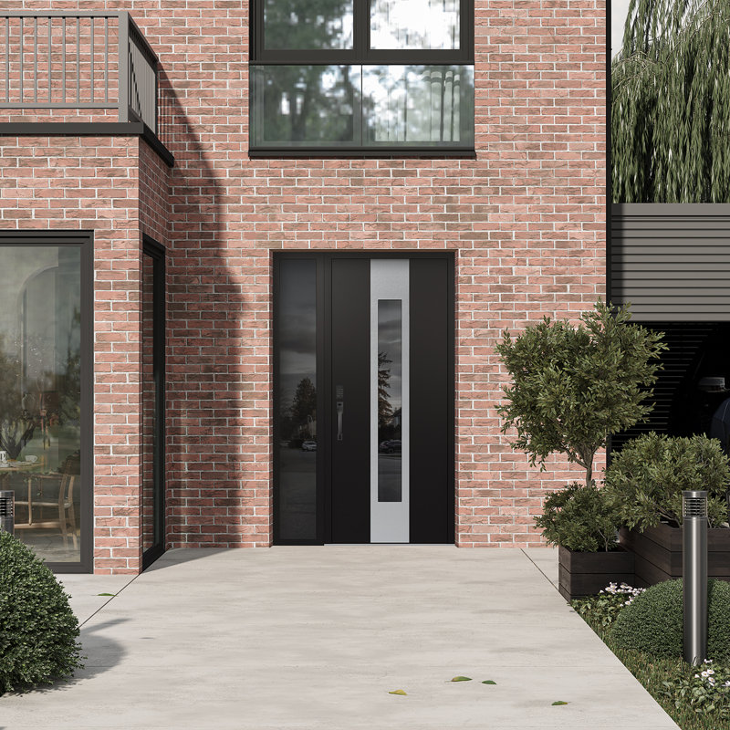 Porte d'entrée pré-suspendue en acier argenté avec panneau latéral droit Diamond A., L 50 po x H 80 po, Noir, Miroitant