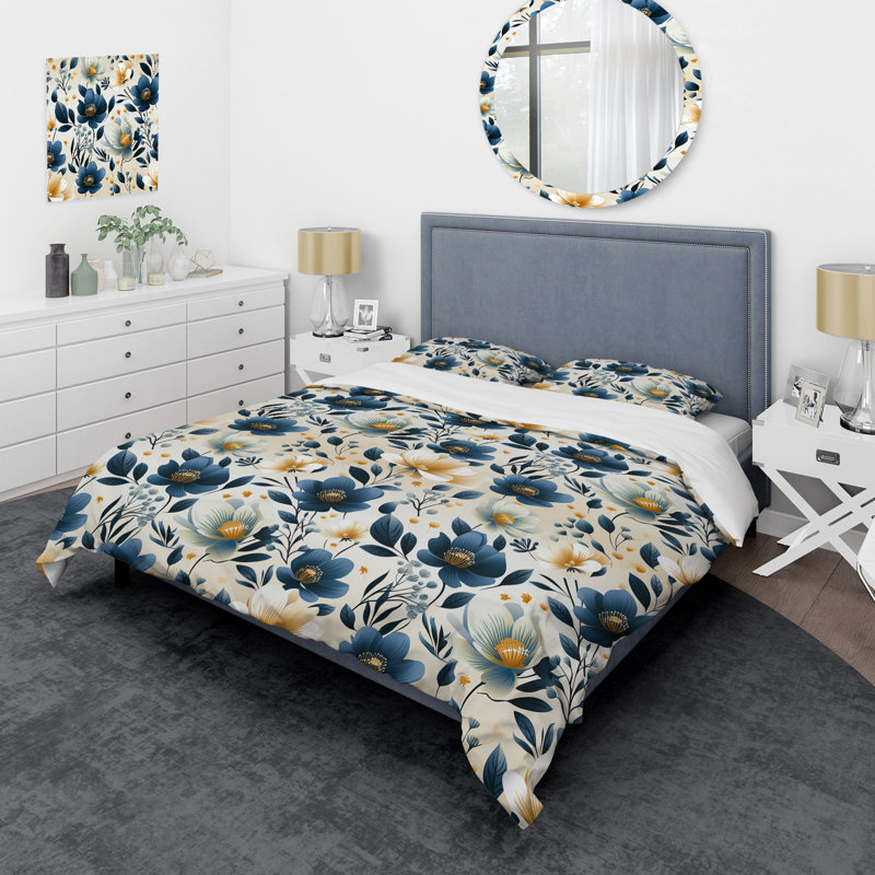 Ensemble de housse de couette Antique Blue Graceful Flowers I - Floral, Housse de couette pour grand lit et 2 taies décor