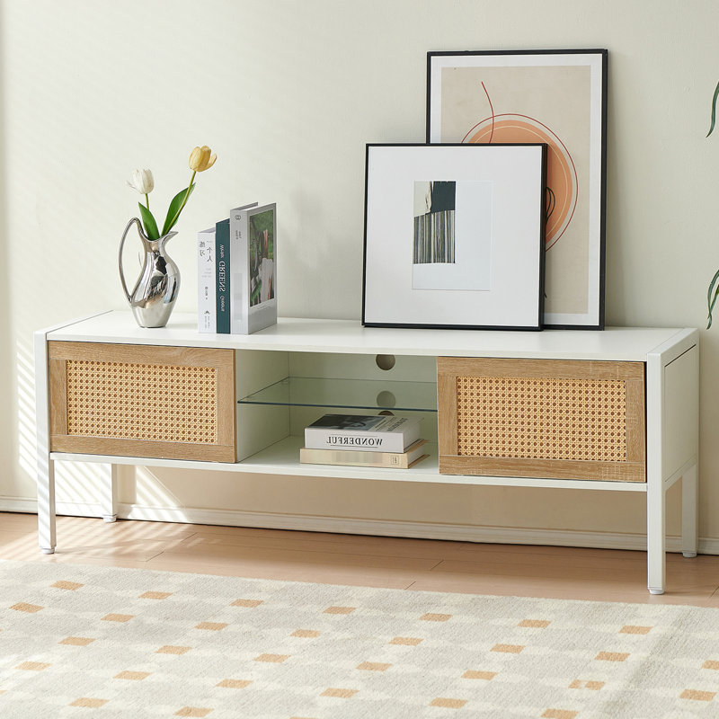 Meuble télé 54,16 po avec fonction de bande lumineuse, portes coulissantes doubles, tablette réglable, pieds en métal, console de salon blanche, pieds télécommandés