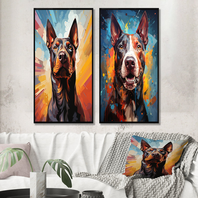 Bull Terrier Boldness - ensemble de 2 reproductions d'art sur toile, Cadre noir, H 40 po x l 41 po