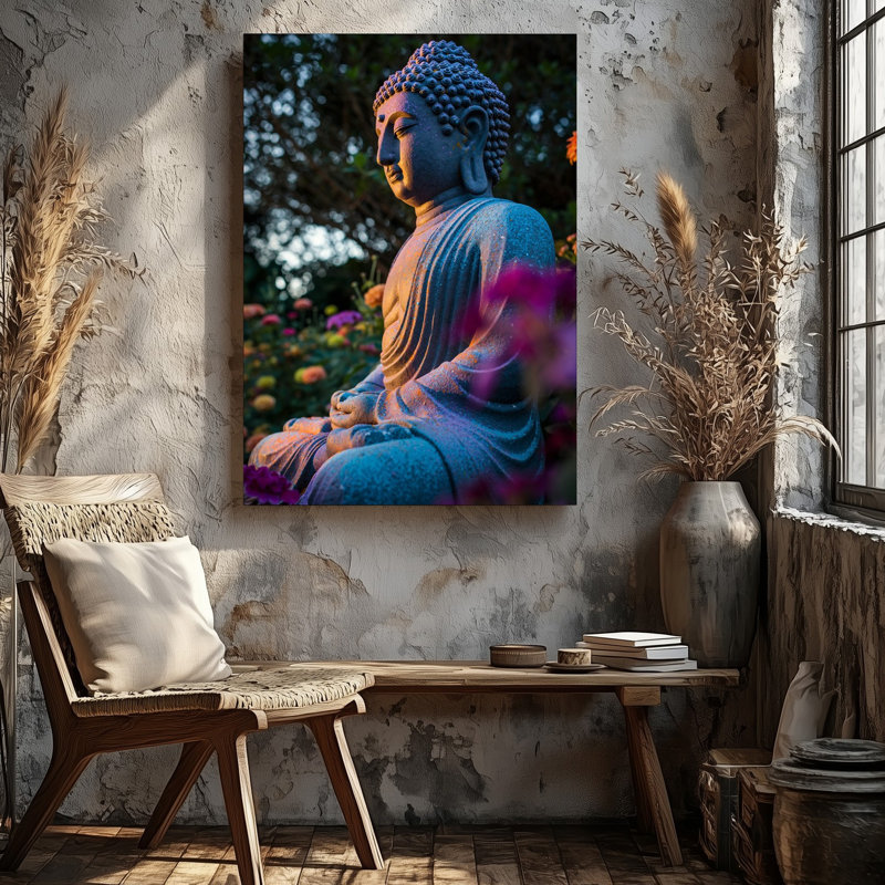 Toile, statue de Bouddha sereine avec détails complexes et surface d'art texturée partiellement recouverte de teintes vibrantes de bleu mauve