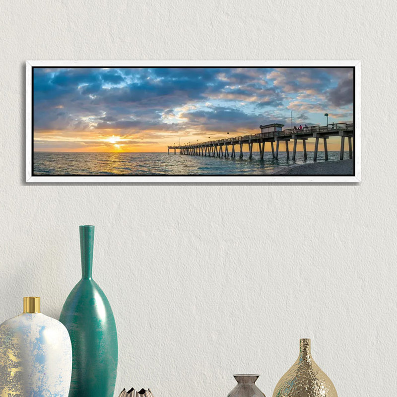 Pier In Atlantic Ocean At Sunset, Venice, Sarasota County, Florida, USA - Panoramic Print on Canvas, 30.48 cm H x 91.44 cm W