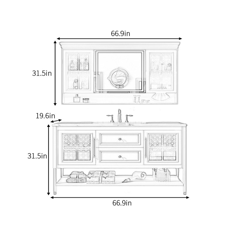Armoire de salle de bain haut de gamme américaine moderne, H 31,5 po x l 71 po x P 19,6 po