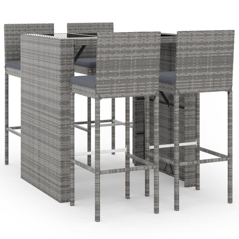  Ensemble de bar de jardin en rotin PE gris, acier thermolaqué, verre trempé