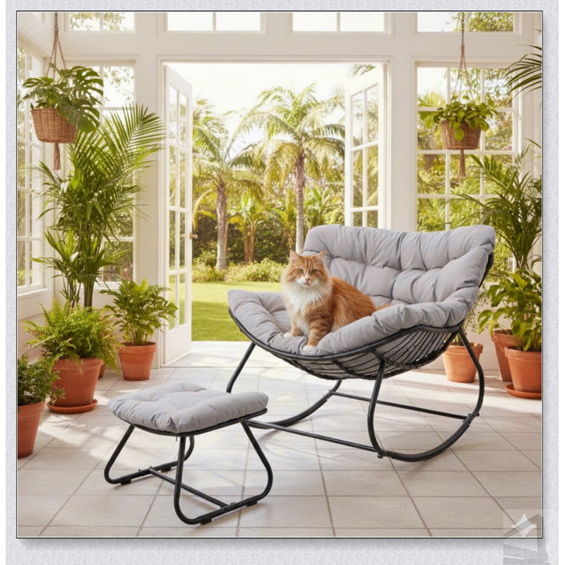 Chaise berçante avec repose-pieds, repose-pieds en osier toutes saisons et coussins moelleux pour un confort ultime