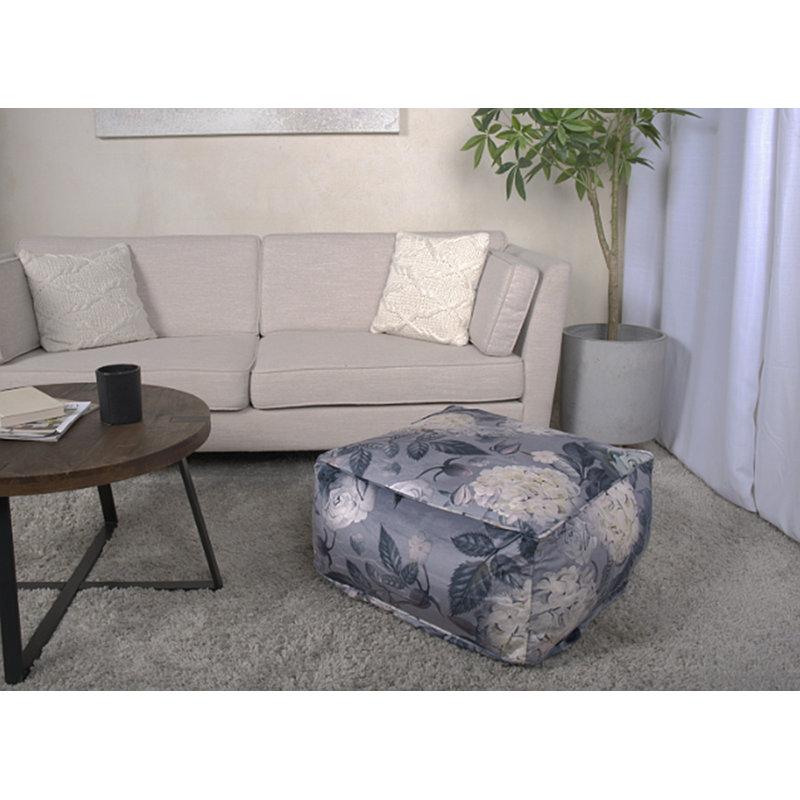 Grand pouf carré Hazel, imprimé floral sur fond gris