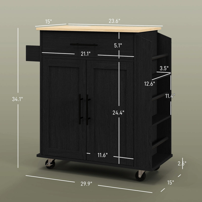 Kitchen Island With Ac & Ports For Storage, Rolling Cart, Microwave Stand Towel Spice Rack, Black Storage Outlets Ports,