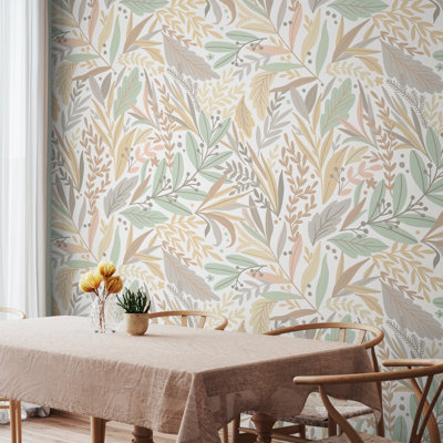 Patterned Leaves Linen & Sage - 3 Drop Repeatable Wall Mural