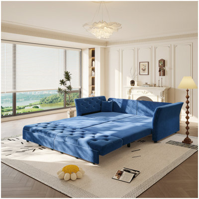 74.4" Queen Pull Out Sofa Bed, Convertible Sleeper Sofa with Handmade Fabric Flower Tufted Design,Multi-Functional Velvet Loveseat Bed for Living Room,Bedroom,Apartment,Blue