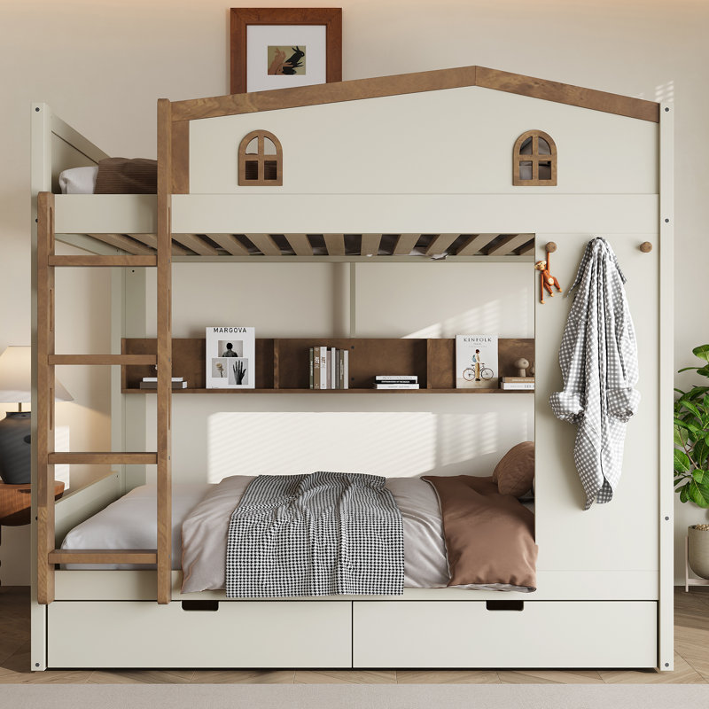 Lit superposé double en bois massif avec tiroirs de rangement, tablettes et crochets, sans sommier, beige et naturel