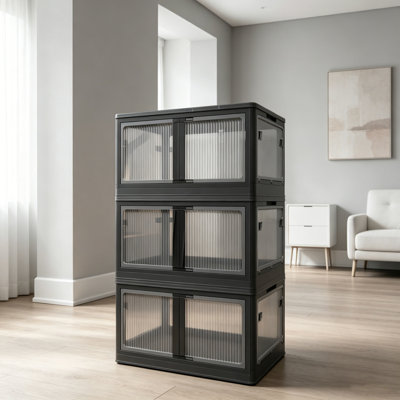 Ensemble de 3 bacs de rangement empilables transparents avec 5 portes à ouvrir avec roulettes