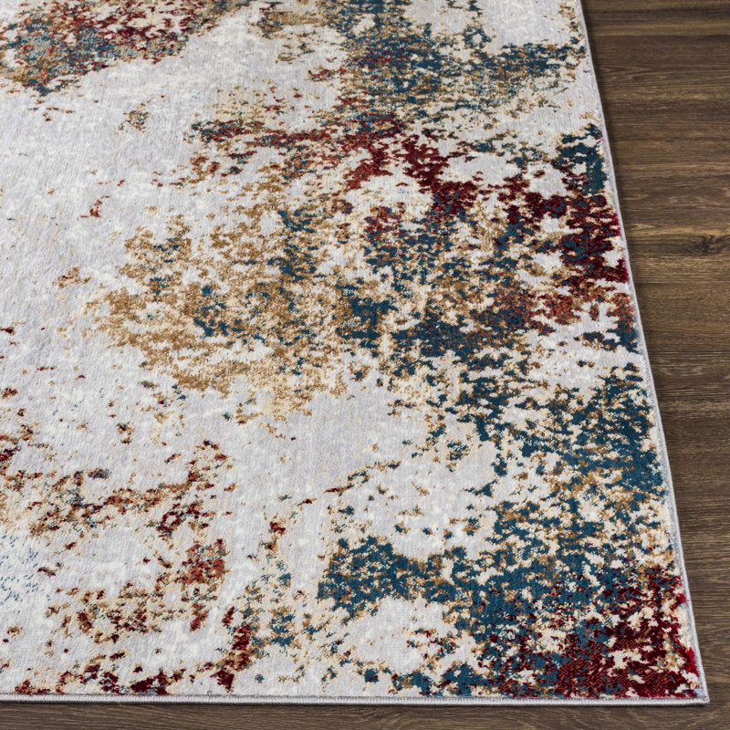 Tapis abstrait rouge foncé / bleu sarcelle / gris clair Cornwell, Rectangle 2 pi x 3 pi