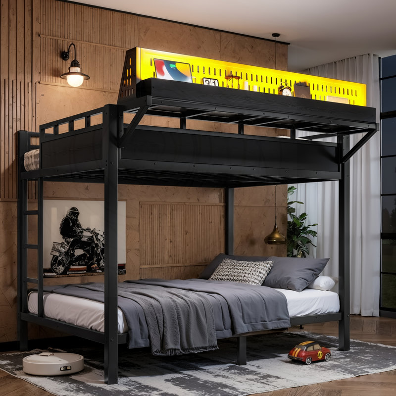 Lit superposé double en métal avec tablettes de rangement, panneau perforé, USB et DEL, Black