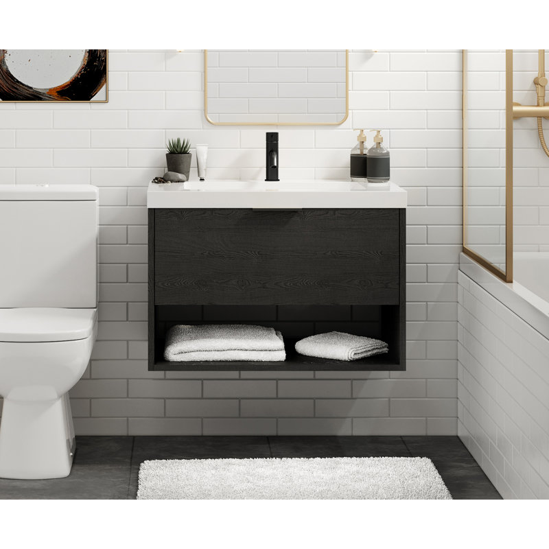 Modo 48" W Wall Mounted Single Bathroom Vanity, Matte White/Single, Matte Black, Charred