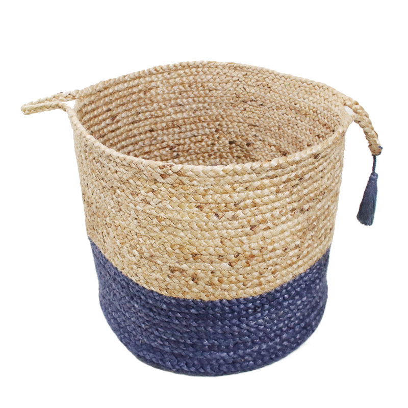 Handmade Round Tan and Sapphire Blue Jute Storage Basket with Loop Handles