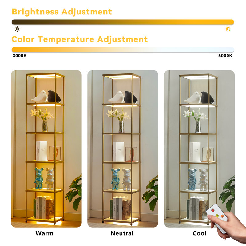 6-Tier LED Glass Display Shelf, Bookcase with Dimmable Lights and Golden Coating Metal Frame