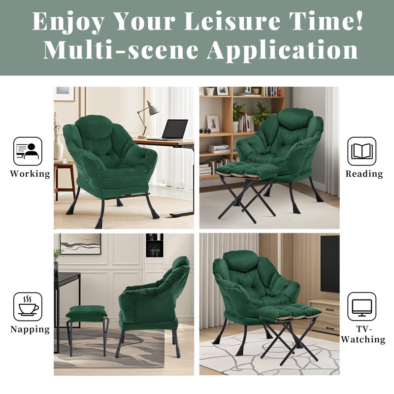Upholstered Armchair with Footstool, Green