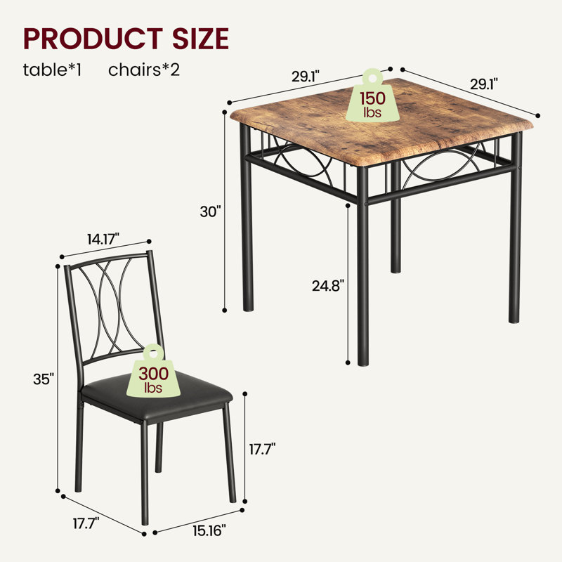 Ensemble de table de cuisine avec 2 chaises rembourrées, Brun rustique, H 30,00 po x L 29,10 po x l 29,10 po, 3