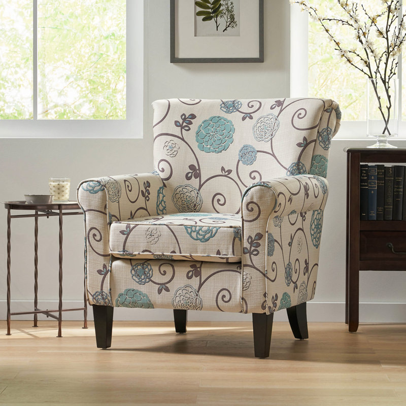 Chaise d'appoint contemporaine à motif floral - tissu bleu, pieds en bois de bouleau, coin lecture confortable