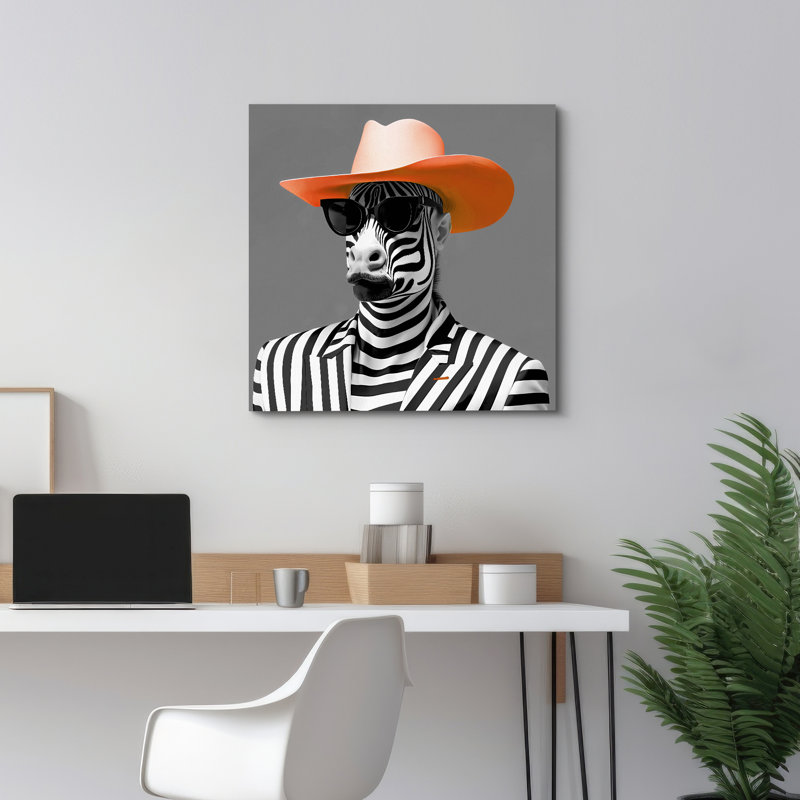 Elegance Fashion - Motif zébré noir et blanc avec chapeau orange, Toile tendue, H 24 po x l 24 po