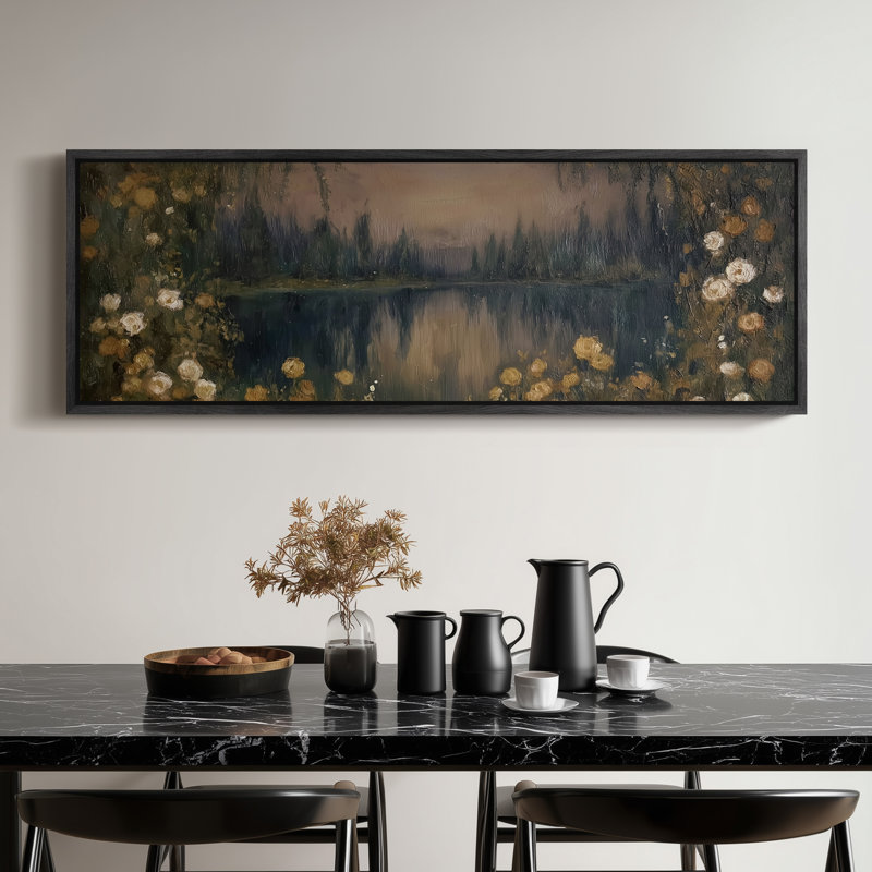 «Enchanted Forest Lake with Golden Accents Art», impression sur art, H 20 po x l 60 po, Noir