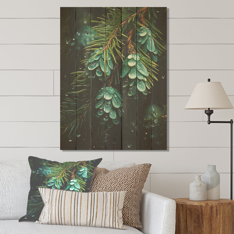 Green Christmas Decoations Pine Tree II - Tree Pine On Wood Print, 20" H x 10" W