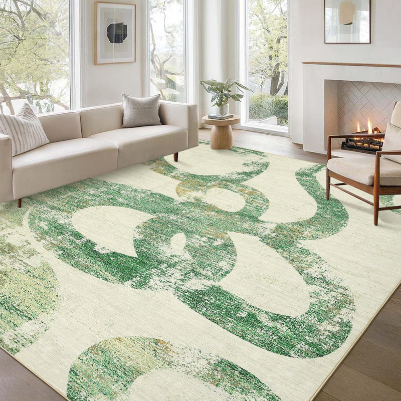 Tapis de salon lavables pour tapis de salle à manger, Vert, Rectangle 10 pi x 13 pi