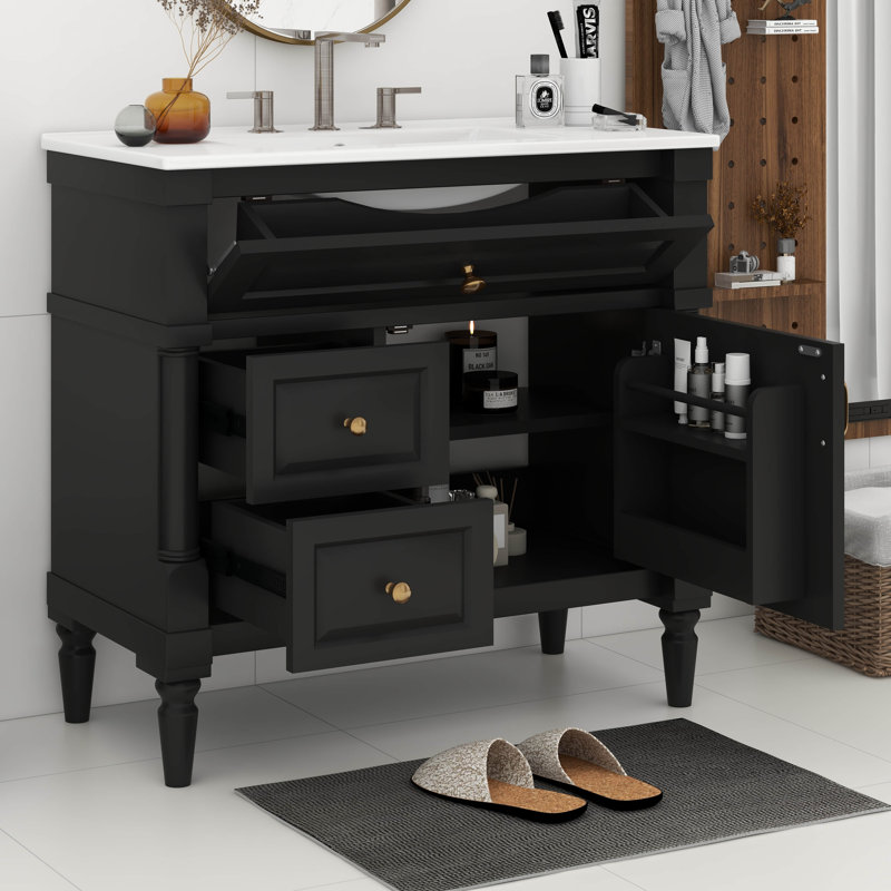 Meuble-lavabo sur pied 36 po avec lavabo, armoire de salle de bain autoportante avec vasque en céramique, tiroir rabattable, tablette réglable, 2 tiroirs