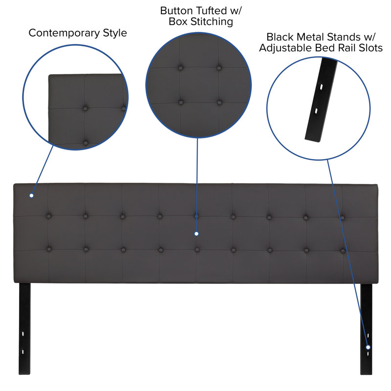 Gray King Upholstered Tufted Headboard with Adjustable Metal Rails