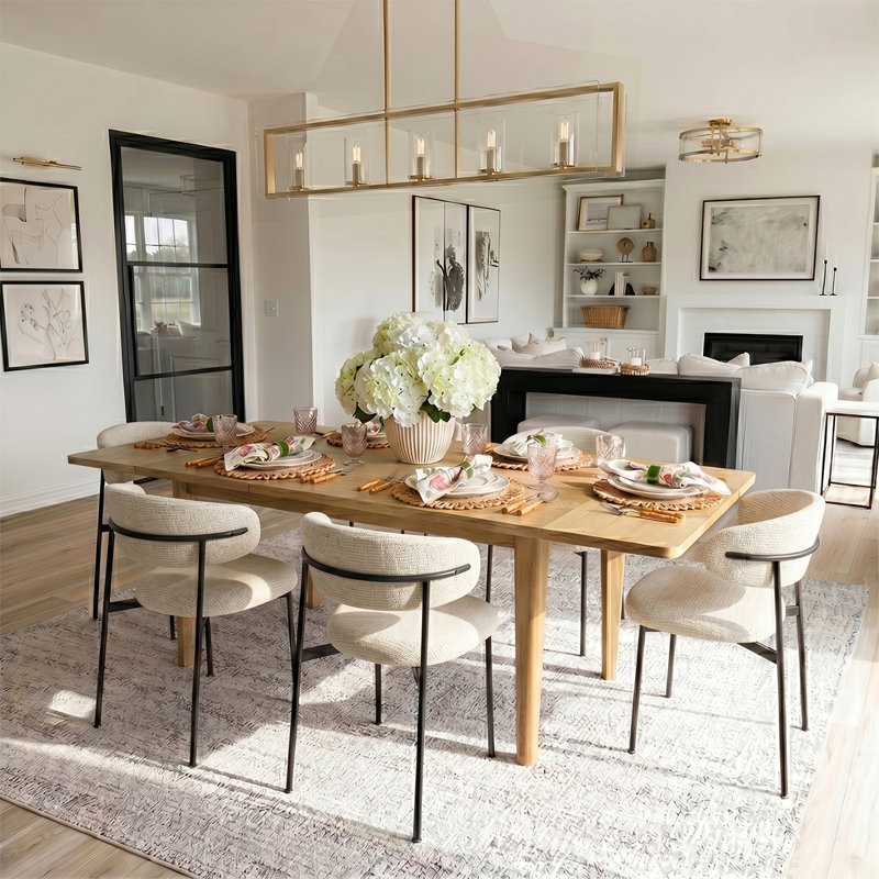 Modern 7-Piece Extendable Dining Set With Rectangular Wood Table And Upholstered Curved Back Chairs, Santi Beige