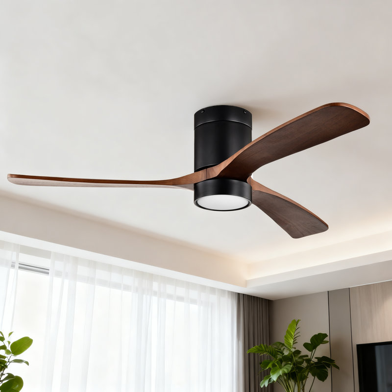 52 po Ventilateur de plafond intérieur noir mat encastré avec 3 pales en bois massif (noyer foncé), télécommande à 6 vitesses et lumière DEL 3CCT