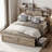 Farmhouse Bed Frame Queen Size with LED Lights & Charging Station, Wooden Platform Bed with 2 Storage Drawers & Sliding Barn Door Headboard, Rustic Bedroom Furniture with Smart Features