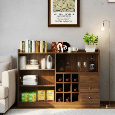 Buffet autoportant avec 2 portes coulissantes en verre, armoire de rangement pour le vin, les bouteilles et les articles de cuisine