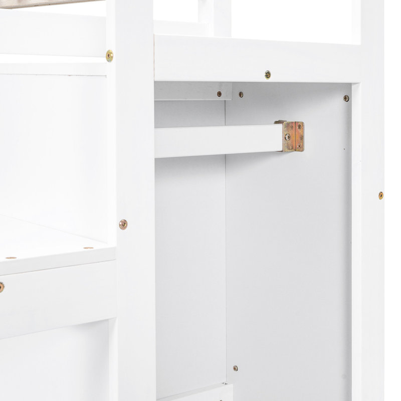 Lit mezzanine double blanc avec garde-robe et escalier de rangement - Structure en bois de pin pour une configuration de chambre à coucher à l'intérieur