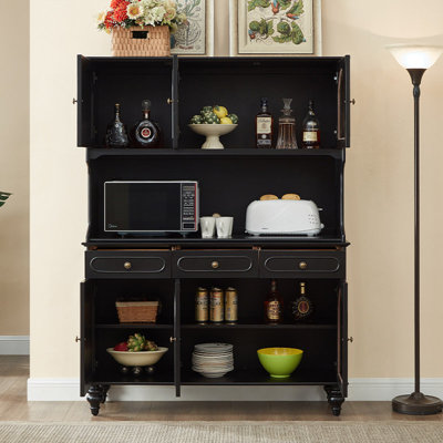 Tall Solid Wood Sideboard in Black with Arched Glass Doors, Vintage Two-Tier Storage Cabinet
