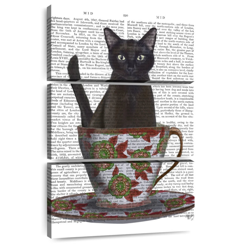 Chat noir dans une tasse de thé I, H 45 po x l 28 po