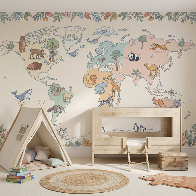 World Map Wallpaper Global Map Removable Nursery Map Wall Decor, Texturé non collé, 120 po x 96 po