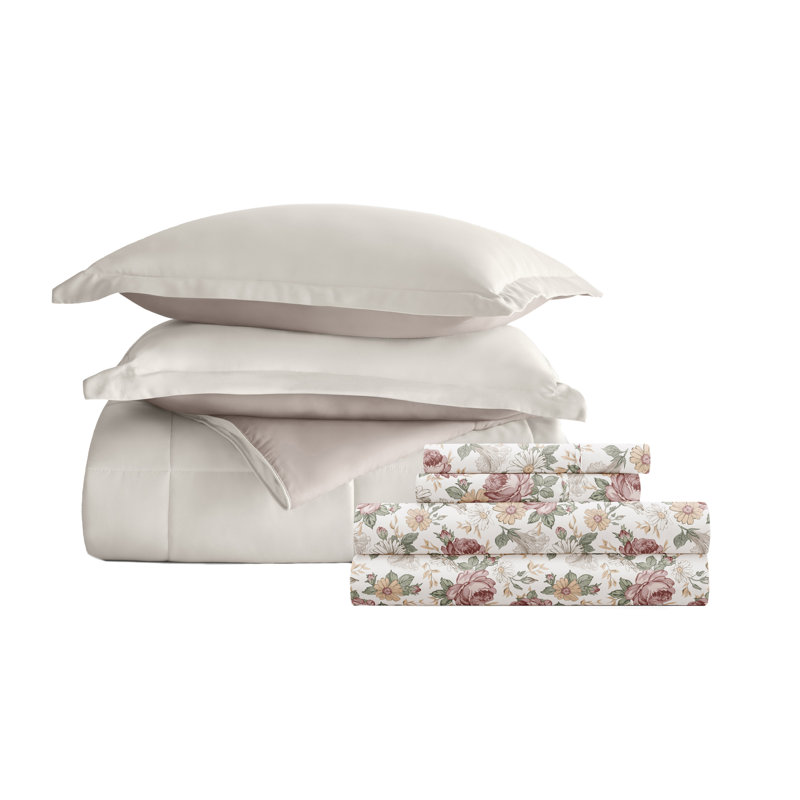 7-Piece Reversible Bedding Bundle - Solid Comforter and Patterned Sheet Set, Beige Floral