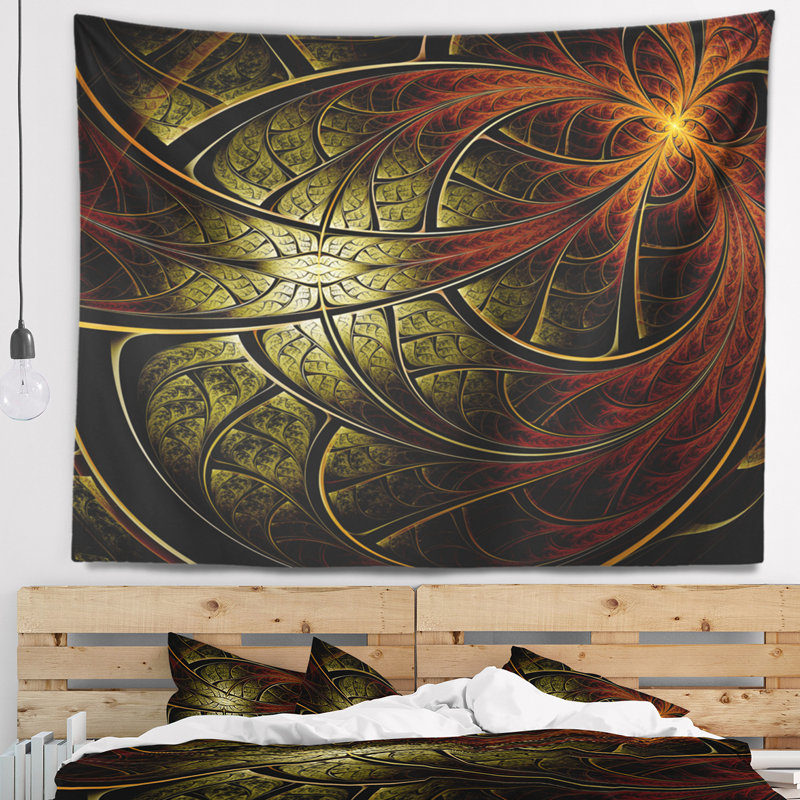 Tapisserie de fleur de tissu métallisé jaune rouge abstrait, H 78 po x l 92 po