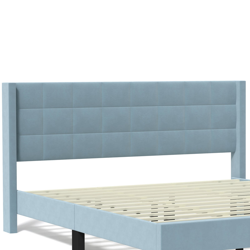 75.9'' W King Size Upholstered Platform Bed with Velvet Fabric & Square Tufted Headboard, Blue, King