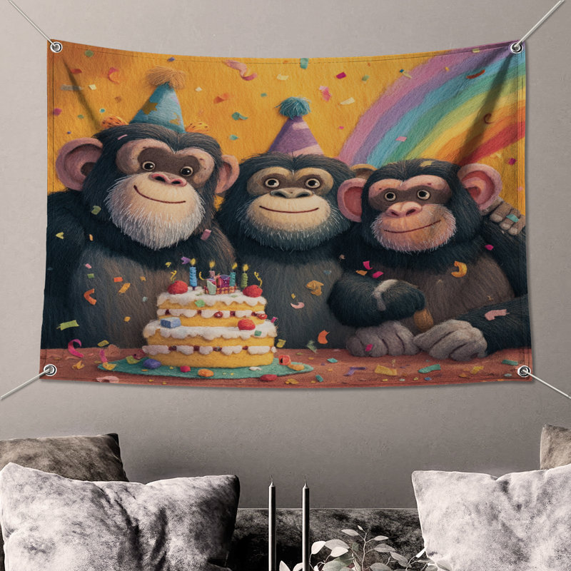 Monkeys With Birthday Cake Wall Tapestry - Celebration Wall Decor, H 50 po x l 60 po avec 4 œillets