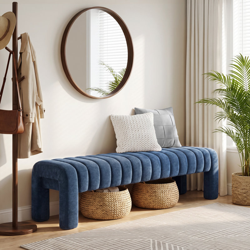 Banc rembourré sans dossier Oyan, H 17 po x l 63 po x P 17,3 po, Chenille bleu