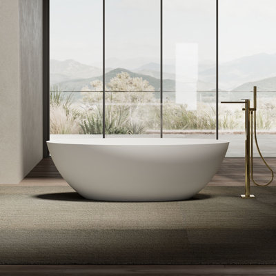 Baignoire de trempage autoportante à surface solide de 67 po x 31,5 po avec trop-plein et bonde escamotable pour salle de bain MonBlari