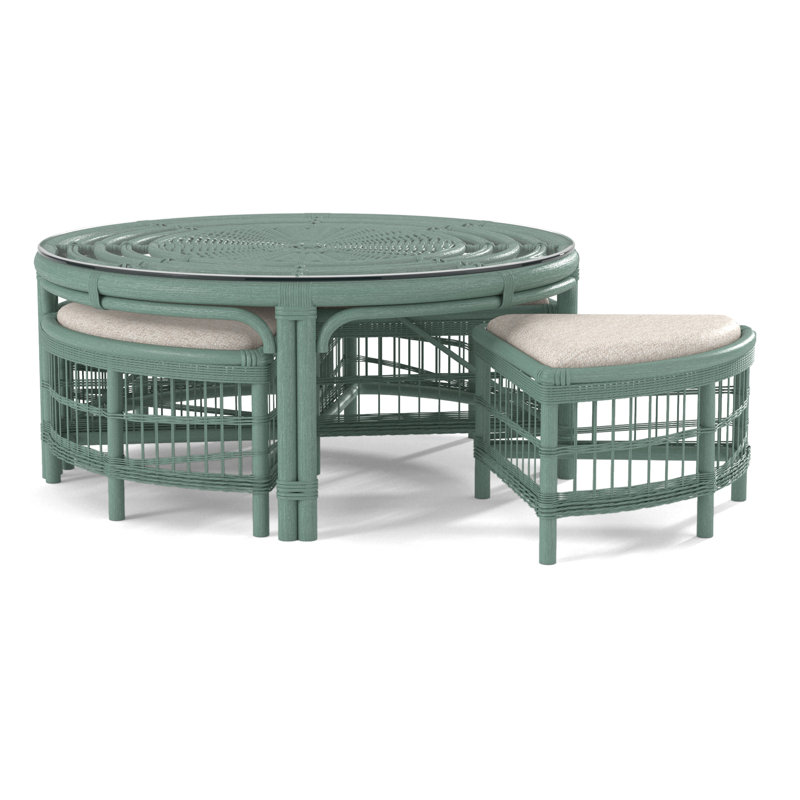 Raffles Rattan Cocktail Table with Benches, Havana, Snow Crypton Performance; 0884-91