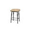 Tabouret de bar Cashew Saddle, hauteur de comptoir, piètement en métal industriel et placage, idéal pour les cuisines, bars et salles à manger, avec tables colorées.